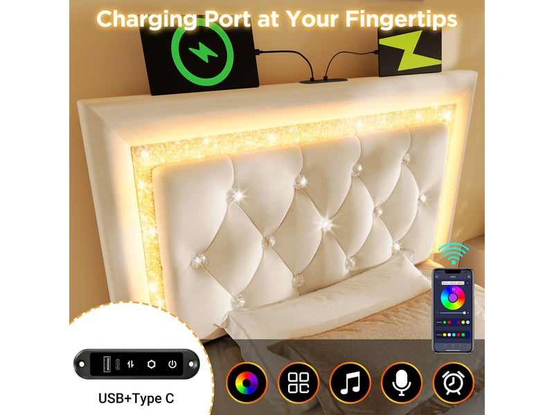  Lit coffre 90x200, coffre de rangement lit une personne, ouverture hydraulique, velours capitonné, led multicolore, ports usb type-c  - Conforama E