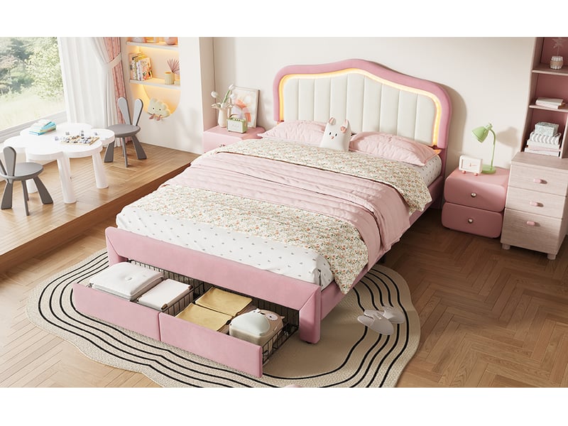  Lit enfant rembourré 140 × 200 cm, 2 tiroirs en pied, tête ondulée bicolore avec led commandées par application, rose  - Conforama B