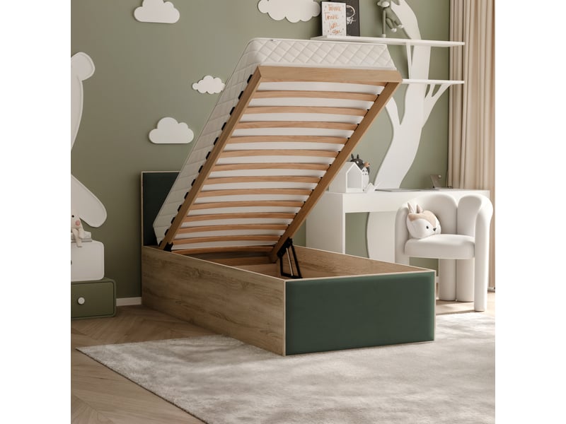  Lit coffre sashi - 90x200 cm - avec matelas - tissu velours - sonoma vert SASHI - Conforama C