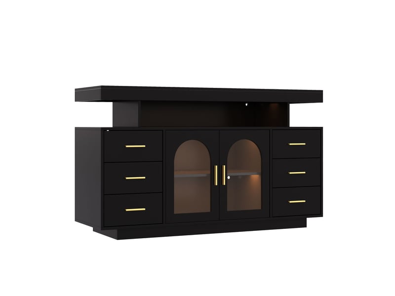 Meuble de rangement 140 x 40 x 82 cm éclairage led 6 tiroirs 2 portes vitrées étagère ouverte rangement à bouteilles de vin rangement spiritueux - Conforama A