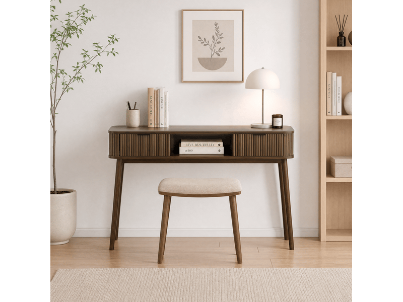  Console 120x35x77,6 cm avec 2 tiroirs en mdf et panneau de particules effet noyer, style mid-century, meuble polyvalent pour salon  - Conforama B