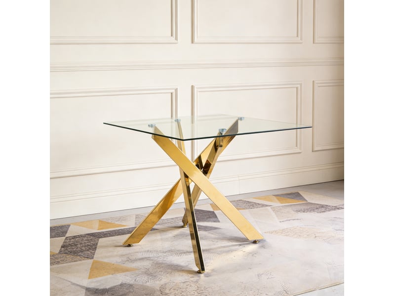  Ensemble repas 5 pièces avec table en verre et 4 chaises en velours doré  - Conforama E