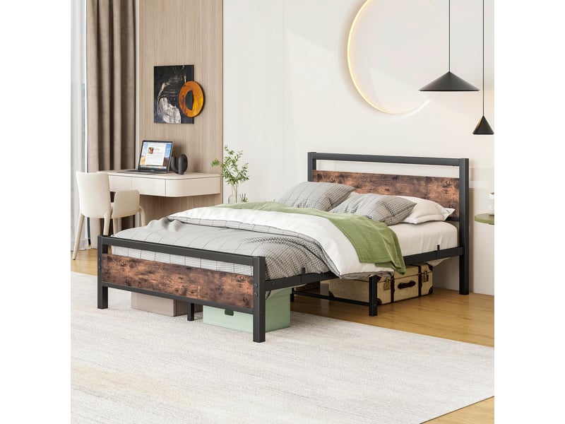  Cadre de lit, lit double 140x190 cm, rangement intégré, métal et bois brun antique, sommier à lattes  - Conforama D