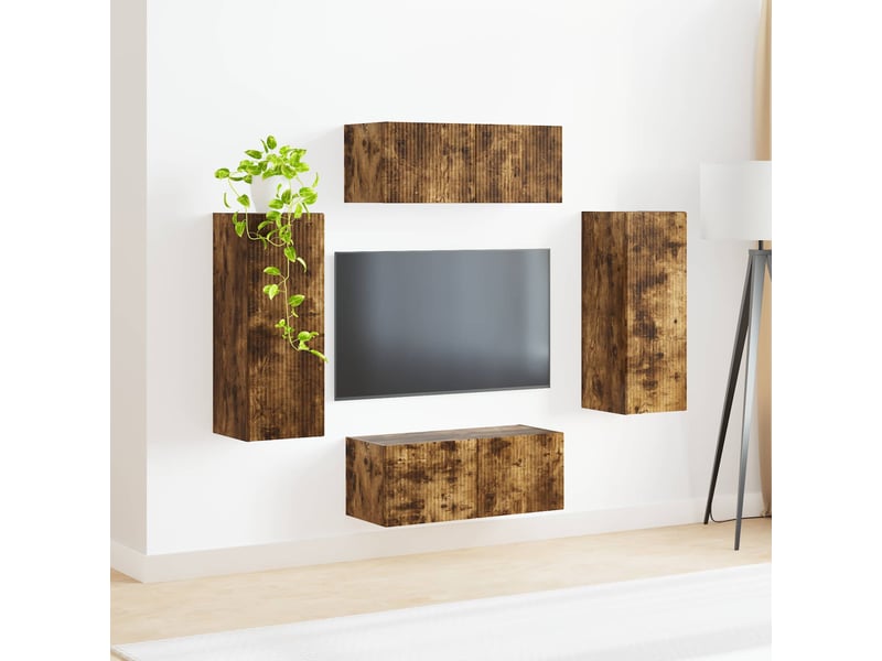  Ensemble de meuble tv - banc tv - meuble de rangement mural 4 pcs chêne fumé bois d'ingénierie  - Conforama D