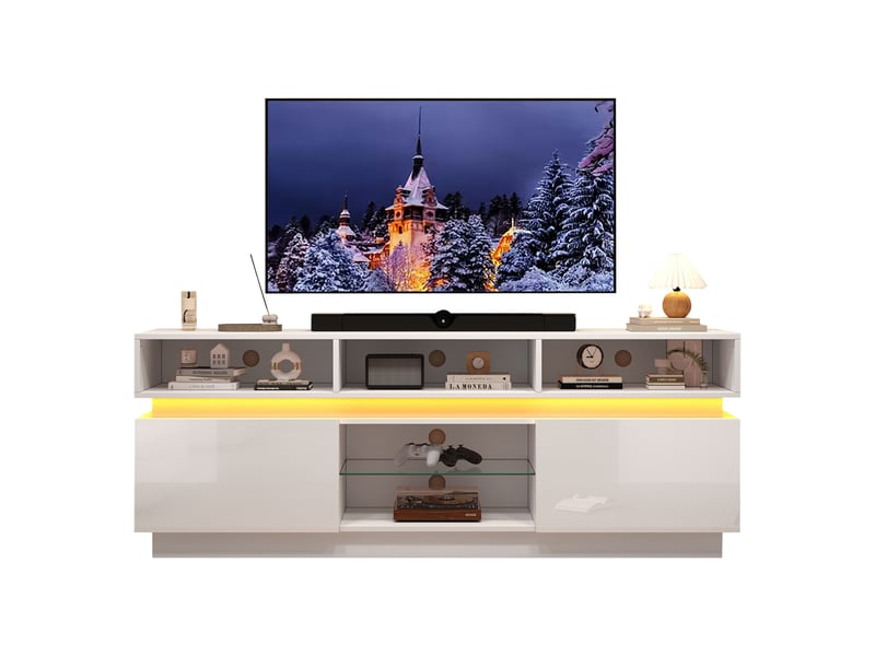  Meuble tv 160 cm blanc, led, finition brillante, verre trempé et 10 espaces de rangement Fay Lum - Conforama A