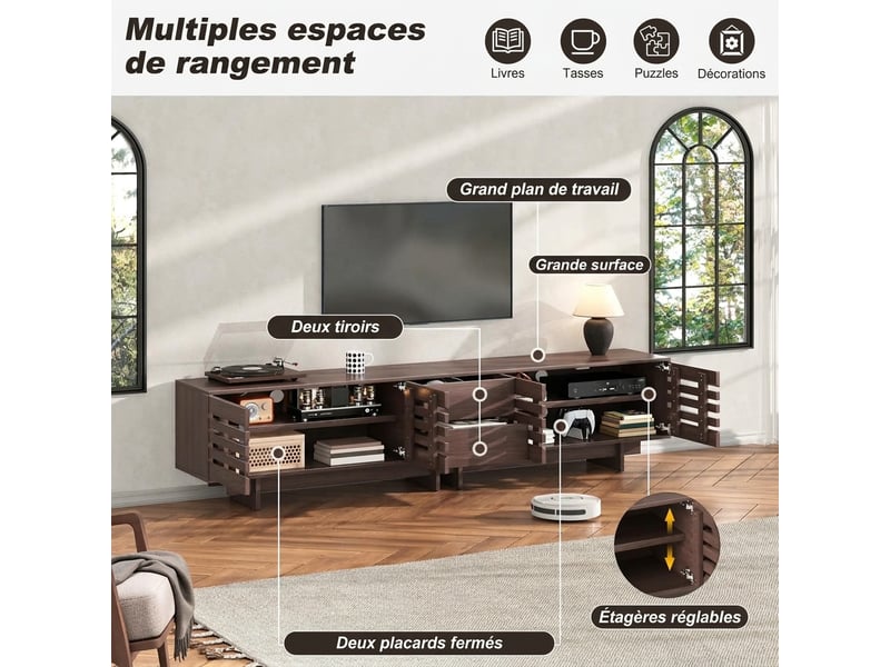  Meuble tv 200 cm noyer pour écran 80 pouces avec 4 portes et 2 tiroirs  - Conforama D