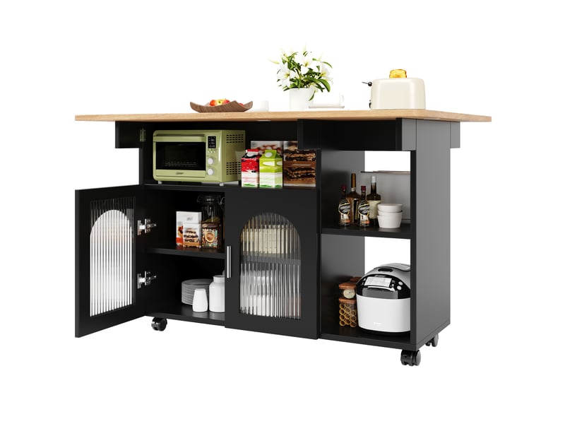  Îlot de cuisine noir avec table pliante buffet de rangement portes vitrées 120 cm  - Conforama E