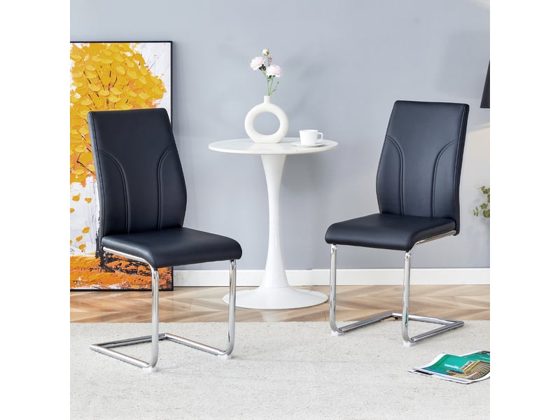  Lot de 2 chaises 40,6x40x95 cm salle à manger design moderne confortable revêtement pu noir, pieds en métal argenté  - Conforama W