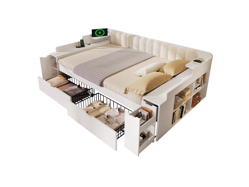 Lit banquette 140x200 cm, lit jeune avec rangement et station de charge mdf couleur blanc sans matelas - Conforama A