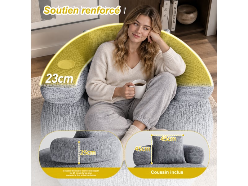  Fauteuil rond 1 place fixe en chenille grise 100 x 100 x 65 cm avec coussin, mousse haute densité, salon chambre bureau 100X100X65cm - Conforama E