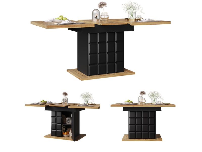  Table extensible (110)140×80x75cm avec portes à motif de damier, design à veines de bois, mdf, couleur naturel et noir  - Conforama E