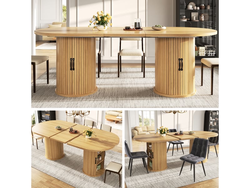  Table à manger extensible 150-190x80x75 cm, rangement caché, poignées en métal, gain de place - naturel Morn Vibe - Conforama E