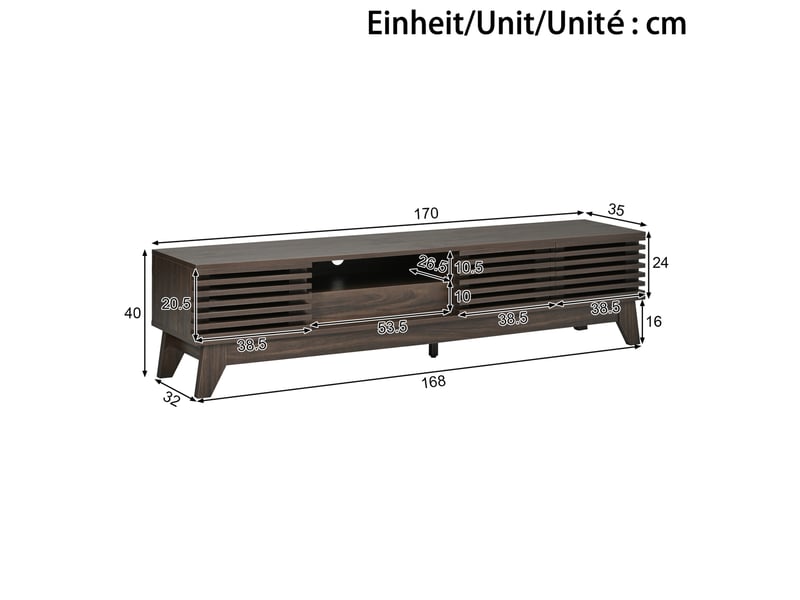  Meuble tv 170x35x40 cm, design moderne, façade rainurée, 3 portes, tiroir et niches ouvertes, mdf couleur noyer  - Conforama C