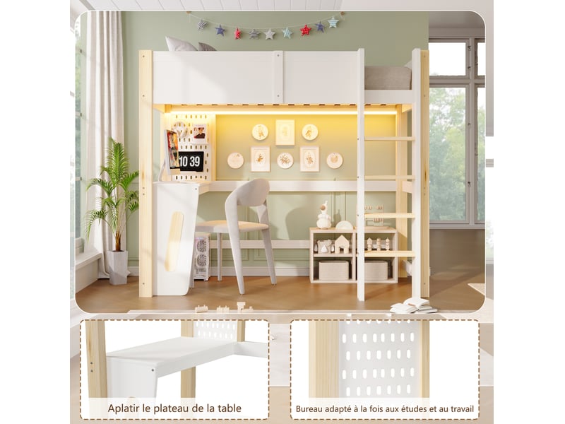  Lit mezzanine 90x200 cm avec bureau, panneau perforé, éclairage led, bois et mdf, blanc et naturel, sans matelas  - Conforama D