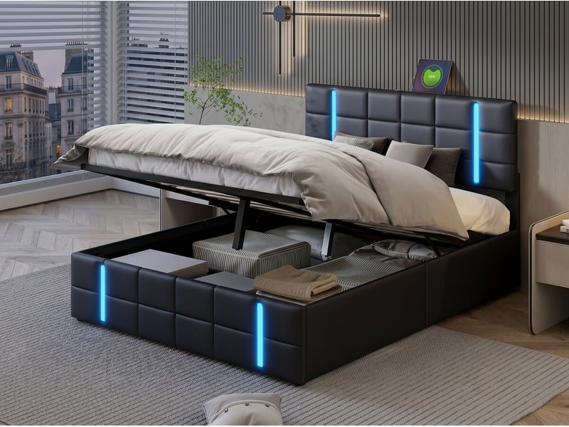  Lit coffre en simili cuir - 160x200cm - avec led et rangement hydraulique - noir  - Conforama D