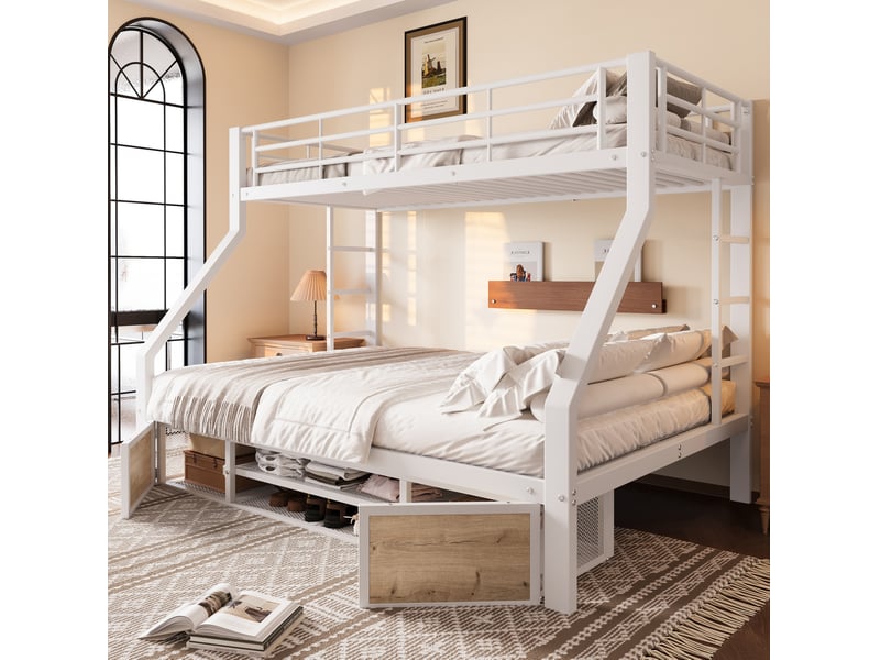  Lit superposé enfant 90 x 200 et 140 x 200 cm avec meuble à chaussures, blanc  - Conforama B
