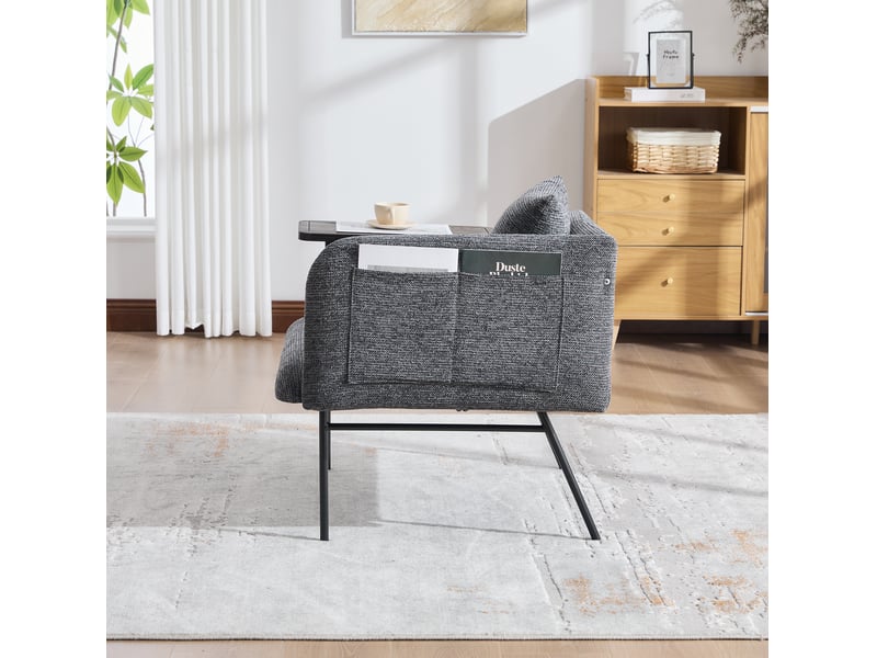 Fauteuil avec table d’appoint 64x67x71 cm, pour salon, bureau, rangement latéral, gris foncé,en chenille, pieds métalliques - Conforama E