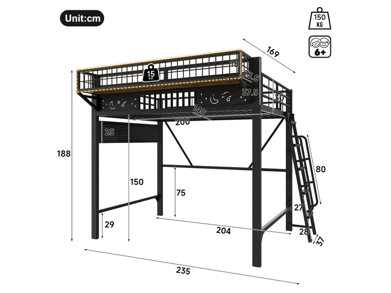  Lit mezzanine 140x200 cm, rangements, espace inférieur ouvert, structure métal, noir OMNIGLINT TRADING LTD - Conforama C