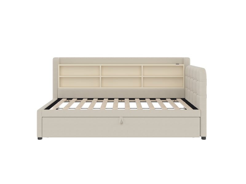 Lit banquette beige 90/180x200 cm extensible avec rangements, usb et type-c - Conforama A