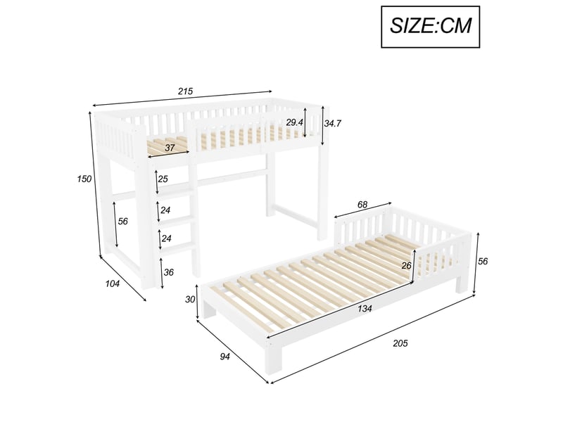 Lit mezzanine enfant modulable 90x200 cm blanc avec lit simple et sommiers inclus, adaptable, sans matelas - Conforama C