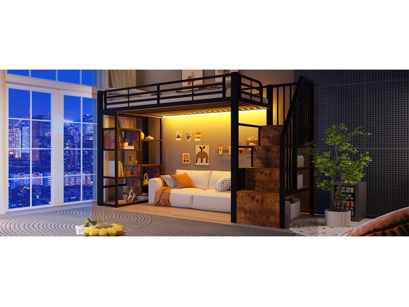  Lit mezzanine 90x200 cm, escalier avec rangements et led, en métal, noir, sans matelas  - Conforama D
