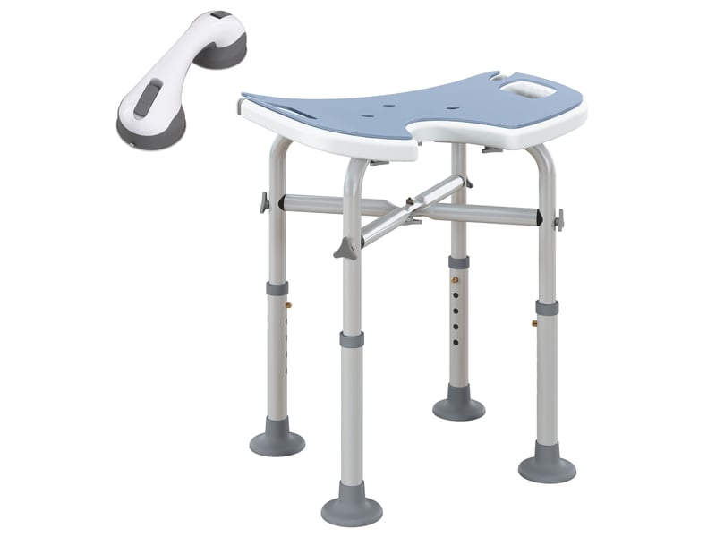  Tabouret de douche - siège de douche avec barre d'appui ventouse - hauteur réglable - alu hdpe bleu clair blanc  - Conforama A