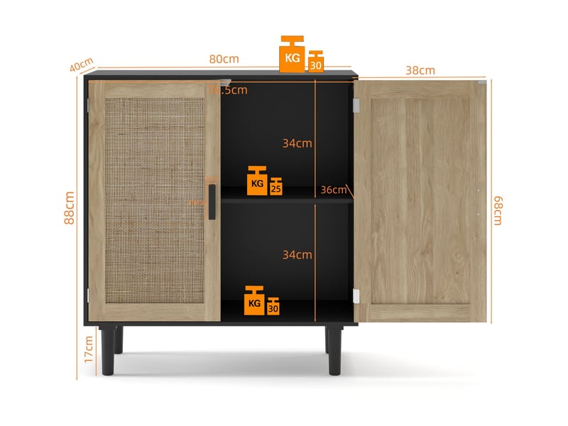  Meuble de rangement à 2 portes 80x40x88 cm, portes magnétiques en mdf et rotin noir  - Conforama E