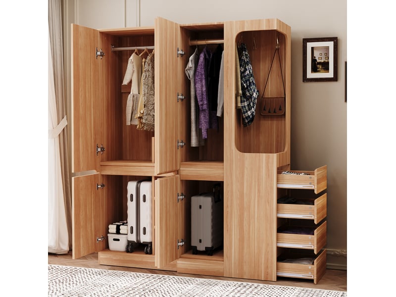  Armoire 140x40x170 cm avec penderie ouverte et 4 tiroirs, coloris bois naturel  - Conforama D
