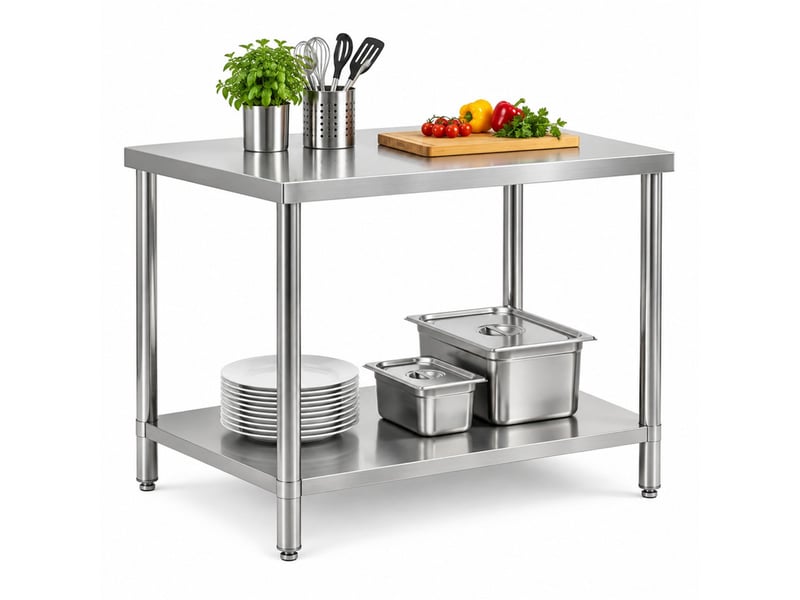 Table de travail 90 x 60 x 86 cm en acier inoxydable avec étagère inférieure argentée chicfurn - Conforama A