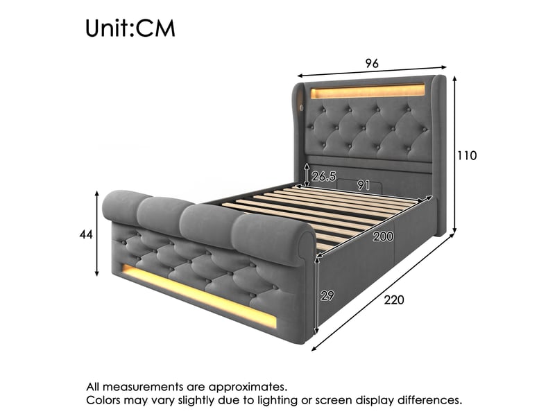  Lit coffre, lit enfant 90x200 cm, tête de lit avec rangement, led, usbusb-c, velours gris, matelas inclus  - Conforama C