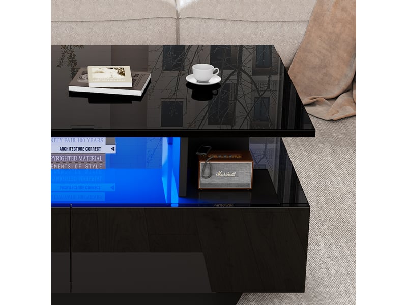  Table basse led moderne avec 2 tiroirs, 90x55x41 cm, bois, table basse noire brillante  - Conforama W