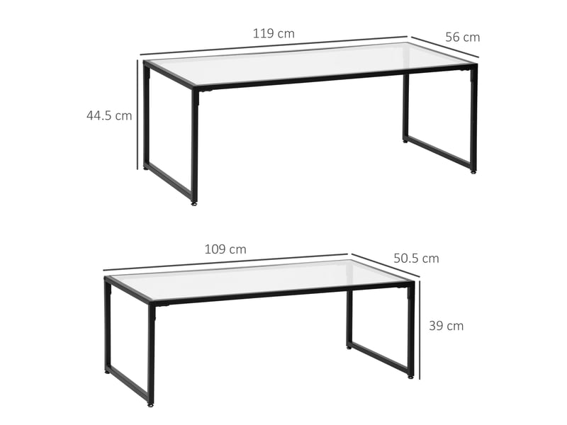  Tables basses gigognes 2 pièces empilables avec plateau en verre trempé et cadre en acier noir pour salon  - Conforama D