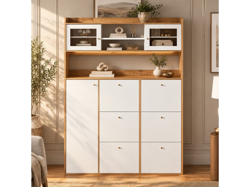 Meuble à chaussures 130x25x180 cm en panneaux de particules et verre avec 6 compartiments basculants et éclairage led blanc et naturel chicfurn - Conforama B