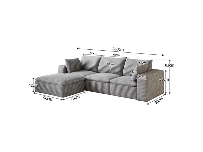  Canapé nuage en velours côtelé gris, 260 cm, double couche, revêtement amovible, sans montage Y150-3SEATER-1O-GRAU - Conforama C