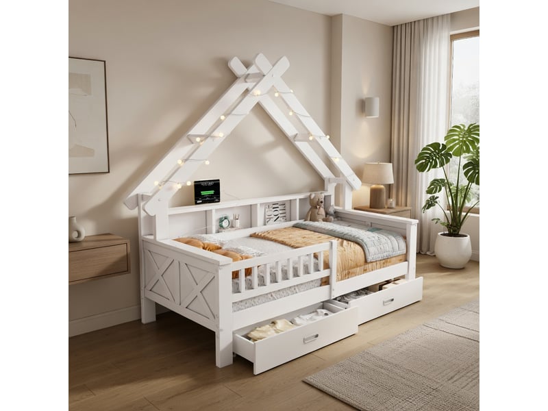  Gutenacht lit cabane en bois 90x200cm avec éclairage led, rangements, tiroirs et garde-corps, blanc  - Conforama D