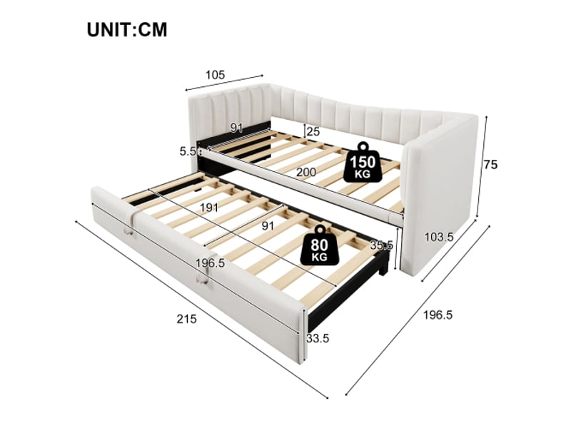 Lit de jour, 90 x 200 cm (180 x 200 cm) lit capitonné avec lit gigogne, canapé-lit, lit simple, lit double (sans matelas), velours, style minimaliste, blanc - Conforama C