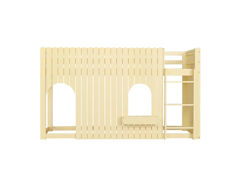  Lit mezzanine avec barrières, lit superposé, lit enfant, bandes lumineuses led multicolores, échelle droite à trois marches, fenêtres cintrées, petit compartiment de rangement, pin et mdf, naturel, 90 x 200 cm  - Conforama D