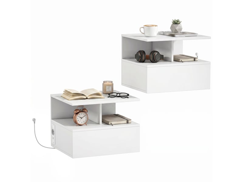  Ensemble de 2 tables de chevet suspendues pour chambre à coucher, 40 x 35 x 30 cm, blanches  - Conforama A