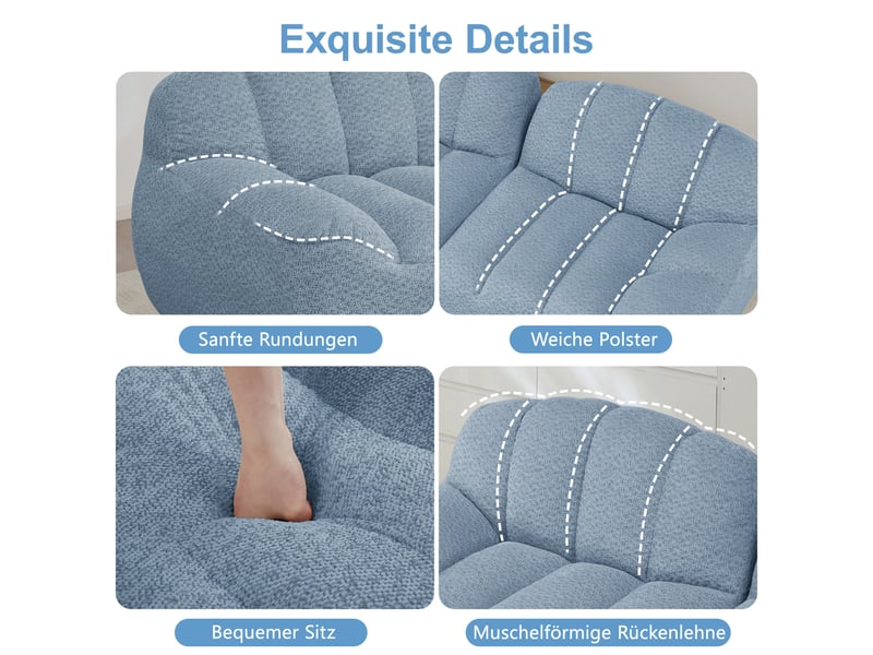  Canapé modulable 2 places en l bleu avec ottoman, canapé d'angle sans cadre tissu granuleux profond pour salon moderne  - Conforama W