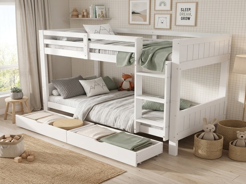 Lit superposé en bois 90x200 cm enfant, séparable 2 lits simples, échelle, barrières sécurité, 2 tiroirs, pinmdf, blanc - Conforama B