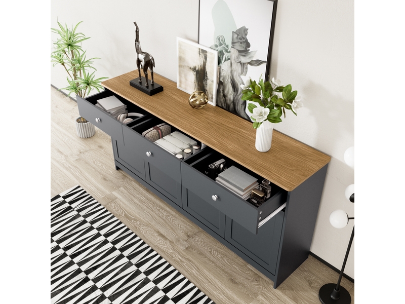 Buffet et enfilade décor bois avec 3 tiroirs, 4 portes et étagères réglables, pour salon ou salle à manger, en mdf, noir, 160 × 37 × 75 cm - Conforama C