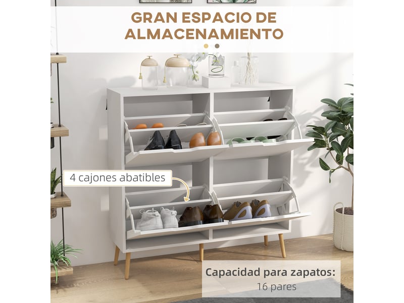  Meuble à chaussures étroit avec 4 tiroirs abattants et pieds en bois, rangement pour 16 paires de chaussures, 95 x 26 x 95 cm, blanc  - Conforama E