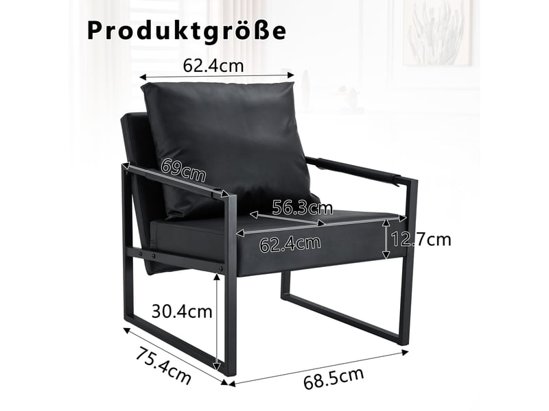  Fauteuil de lecture avec accoudoirs et cadre en u stable, assise rembourrée en métal et similicuir noir  - Conforama D