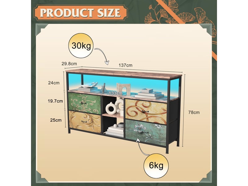  Meuble tv led 137x30x78cm - multifonctionnel - 4 tiroirs en tissu coloré et étagères ouvertes - combinaison rétro et modernes  - Conforama E