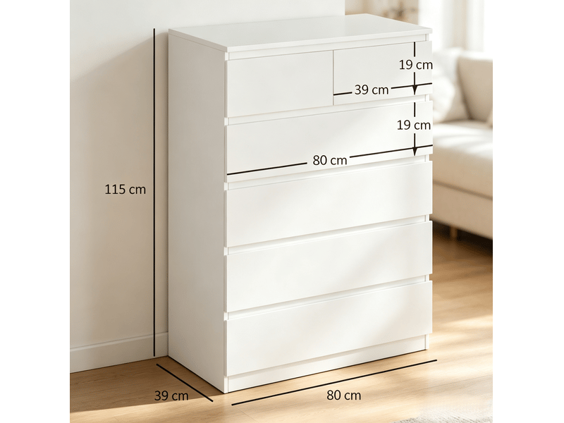  Commode blanche avec 6 tiroirs sans poignées 80 x 39 x 115 cm, panneau de particules  - Conforama C