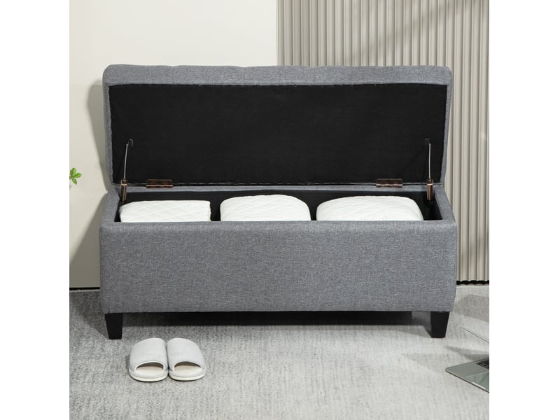  Banc coffre rembourré 100 x 40 x 44 cm gris clair, polyester aspect lin, assise relevable et rangement intérieur  - Conforama B