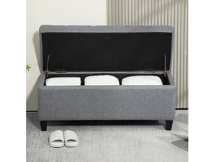 Banc coffre rembourré 100 x 40 x 44 cm gris clair, polyester aspect lin, assise relevable et rangement intérieur