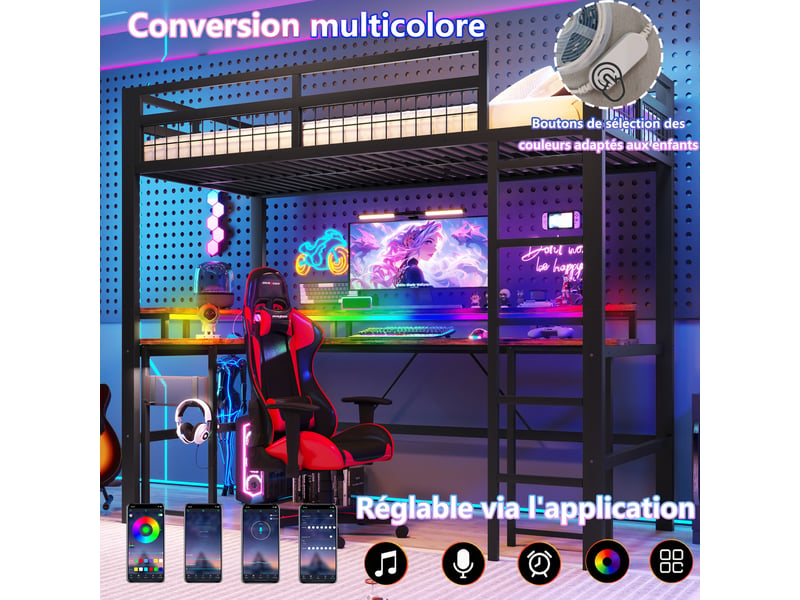 Lit mezzanine avec bureau 90x200 cm, led et 2 prises, lit surélevé avec ports usb et usb-c, panneau perforé, métal et mdf, noir - Conforama E