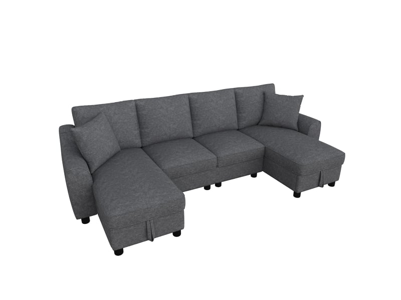  Canapé en u gris, tissu chenille doux - canapé d'angle modulable avec double méridienne, coffre de rangement &amp; coussins pour salon moderne  - Conforama A
