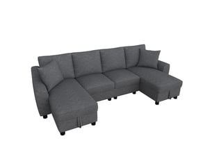 Canapé en u gris, tissu chenille doux - canapé d'angle modulable avec double méridienne, coffre de rangement & coussins pour salon moderne